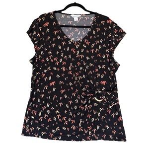 Liz Clairbone Blouse Top Womens XL Black Floral Career Job Dark Cottagecore Boho